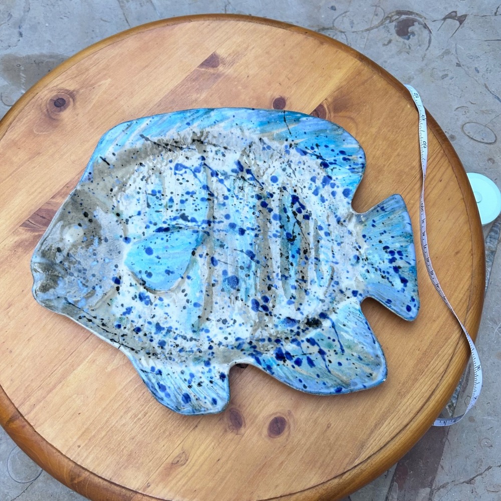 Vintage Ceramic Fish Platter Blue Spatter Glaze 12" Serving Dish Studio Pottery